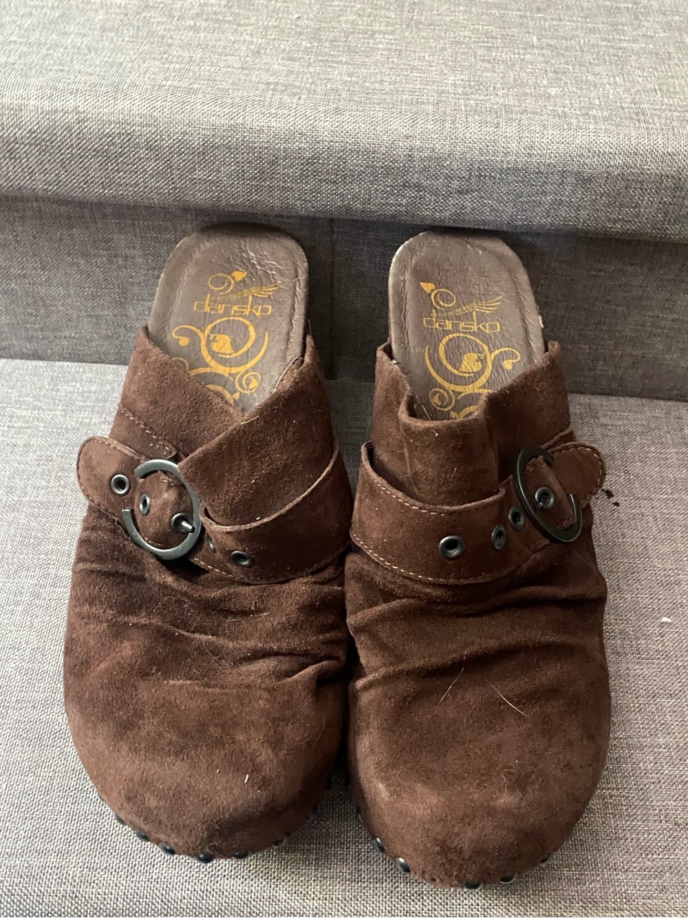 Women’s Dansko  Brown Suede Slip-On Clog with Buckle And Stud Details